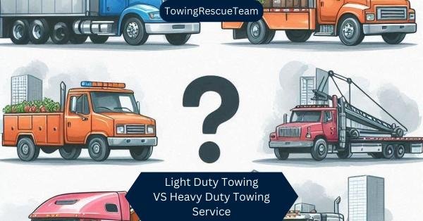 Illustration showing a comparison between light-duty and heavy-duty tow trucks. The light-duty tow truck is towing a small car, while the heavy-duty tow truck is towing a large commercial vehicle. The image emphasizes the difference in the size and capability of the two types of towing services