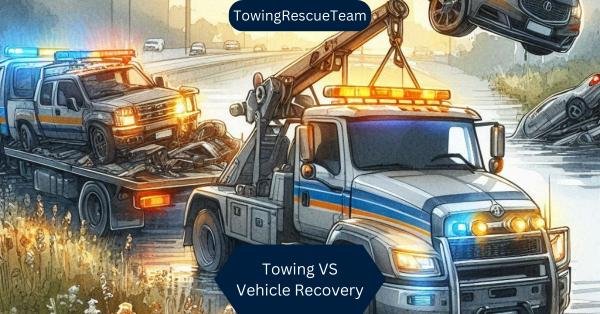 Image showing a tow truck performing vehicle recovery on a stuck car, while another tow truck tows a damaged vehicle. The image highlights the difference between towing and vehicle recovery services, emphasizing the different equipment and techniques used.