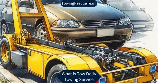 Tow dolly towing service showing a small car being towed by a tow truck using a tow dolly, where the front wheels are lifted off the ground while the rear wheels remain on the road. Ideal for transporting light vehicles short distances