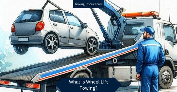 A tow truck using a wheel lift towing system to safely transport a vehicle by lifting its front or rear wheels off the ground, leaving the other set of wheels to roll on the road.