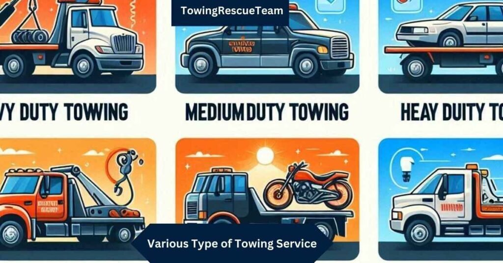 Illustration of various towing service vehicles, including a heavy-duty tow truck, a flatbed truck, and a light-duty tow truck, representing different types of towing services